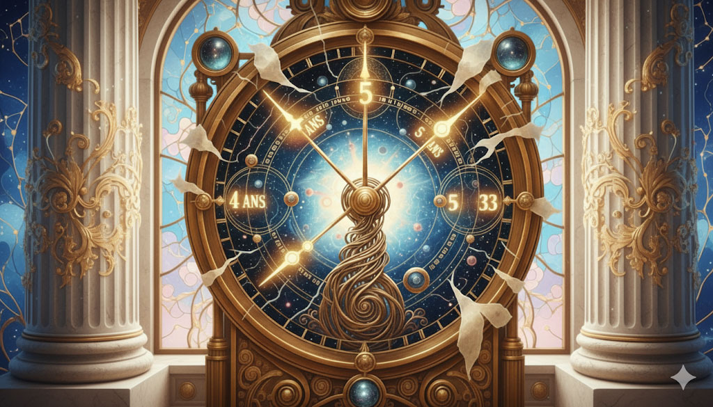 Illustration d'une horloge cosmique astronomique élaborée, avec des chiffres 4 et 5 ans indiquant les cycles des années bissextiles et des motifs de 33 ans.
