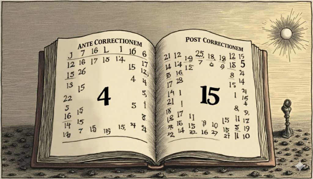 Illustration de la réforme grégorienne : un calendrier ouvert passe du 4 (Ante Correctionem) au 15 (Post Correctionem).
